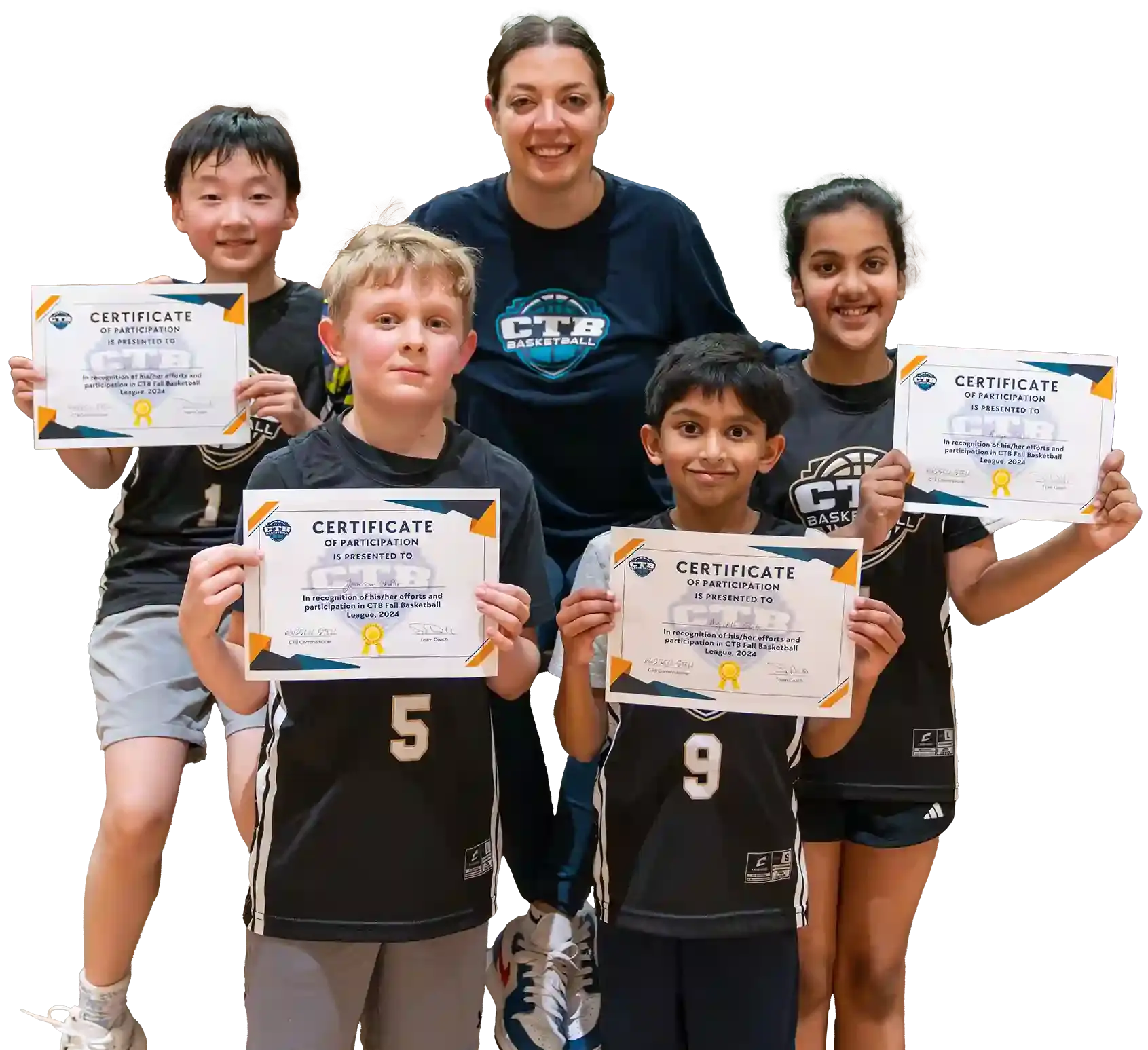A basketball coach and her team with their end-of-season certificates.