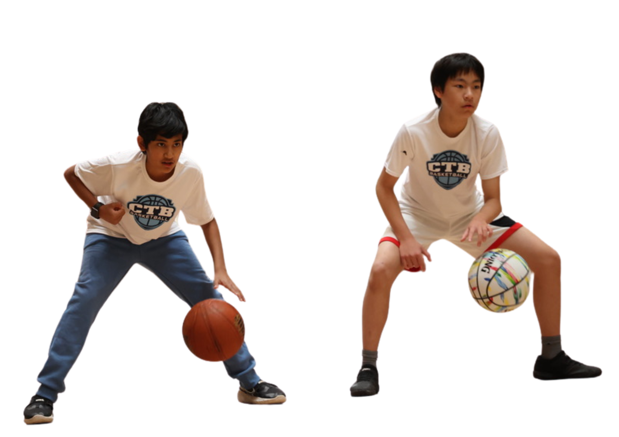 A basketball player dribbling in a game with the referee in the background