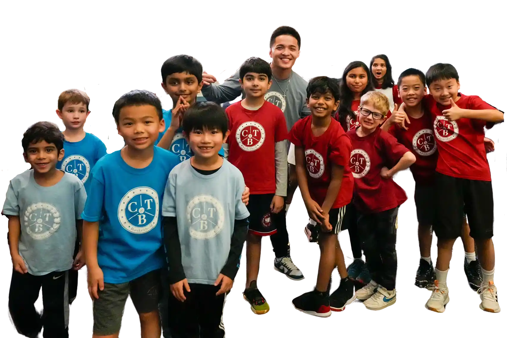 A group of young basketball players and their coach